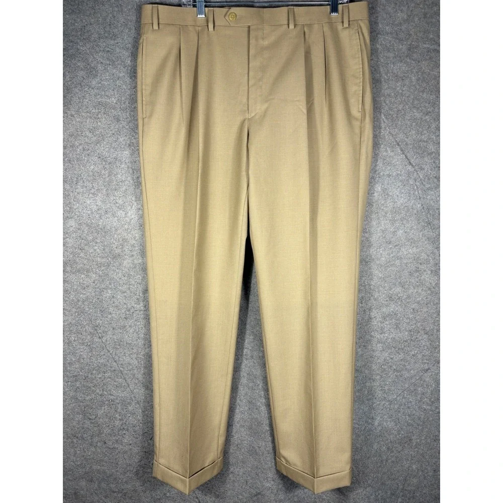Lauren Ralph Lauren Mens Total Comfort Pleated Cuffed Dress Pants Tan 38W 32L